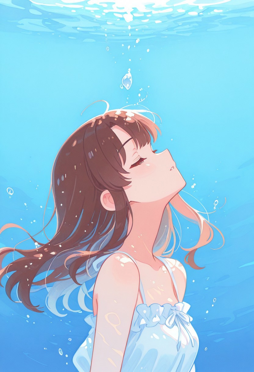 masterpiece, best quality, good quality, newest, highres, absurdres,  vivid colors, flat color, 2D, strong lines, Pop Art, no lineart,no outline,  masterpiece, best quality, amazing quality, 1girl,Megumi <lora:IL-KatoMegumi:0.8>,brown hair,katou megumi,brown eyes, solo, long hair, bare shoulders, closed eyes, parted lips, profile, floating hair, looking up, underwater, traditional media, monochrome, painting medium, watercolor medium, graphite medium blue theme, fuyumur4s4ki_illu <lora:TQ_Iridescent_Fantasy_Creations:0.8> <lora:MJ52:0.5> <lora:xl_more_art-full_v1:1> <lora:114558v4df2fsdf5:1>  <lora:illustrious_very_aesthetic_v1:0.5> <lora:XXX477:0.2>  <lora:sowasowart_style:0.3>   <lora:illustrious_flat_color_v2:0.6>  <lora:haiz_ai_illu:0.7>  <lora:checkpoint-e18_s306:0.75>