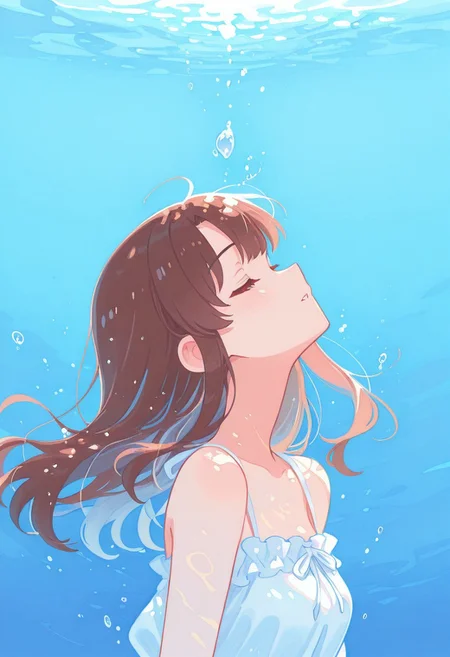 masterpiece, best quality, good quality, newest, highres, absurdres,  vivid colors, flat color, 2D, strong lines, Pop Art, no lineart,no outline,  masterpiece, best quality, amazing quality, 1girl,Megumi <lora:IL-KatoMegumi:0.8>,brown hair,katou megumi,brown eyes, solo, long hair, bare shoulders, closed eyes, parted lips, profile, floating hair, looking up, underwater, traditional media, monochrome, painting medium, watercolor medium, graphite medium blue theme, fuyumur4s4ki_illu <lora:TQ_Iridescent_Fantasy_Creations:0.8> <lora:MJ52:0.5> <lora:xl_more_art-full_v1:1> <lora:114558v4df2fsdf5:1>  <lora:illustrious_very_aesthetic_v1:0.5> <lora:XXX477:0.2>  <lora:sowasowart_style:0.3>   <lora:illustrious_flat_color_v2:0.6>  <lora:haiz_ai_illu:0.7>  <lora:checkpoint-e18_s306:0.75>