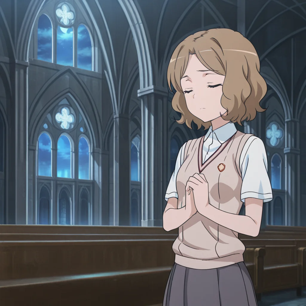 nsfw, masterpiece, best quality, amazing quality,1girl, solo, index_railgun_wannai_kinuho, prayer, own hands together, closed eyes, small breasts, blue eyes, brown hair, tokiwadai school uniform, sweater vest, short hair, white shirt, short sleeves, grey skirt, pleated skirt, collared shirt, brown sweater vest, church, night, <lora:Wannai_Kinuho_-_Index_Railgun:0.7>