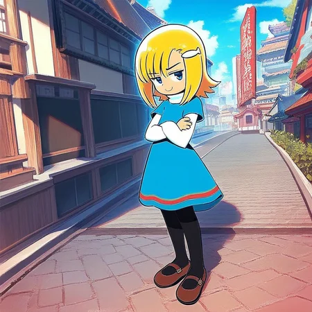 score_8, score_8_up, score_7_up, 1girl, female focus, official art, solo, Mana_GF, Blonde hair, blue eyes, sidelocks, hair ornament, hair clip, fish hair ornament, bangs, blue dress, white turtleneck, turtleneck dress, white sleeves, long sleeves, layered sleeves,, long sleeves under short sleeves, pantyhose, black pantyhose, mary janes, brown footwear, full body, flat chest, crossed arms, aura, straight-on, looking at viewer, smirk, serious expression, smug, outdoors, japanese architecture, building, street, city,