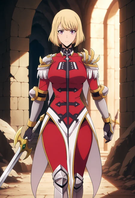 anime screencap, masterpiece, best quality,
<lora:SoloLeveling_ChaHae-In_IlluXL:0.9>,
1girl, solo, closed mouth,
blonde hair, short hair, purple eyes,
ChaHaeInArmor, red bodysuit, shoulder armor, epaulettes, gauntlets, black gloves, white surcoat, greaves,
holding sword,
walking, looking at the viewer,
indoors, dungeon, stone wall, ruins, cave, blurry background