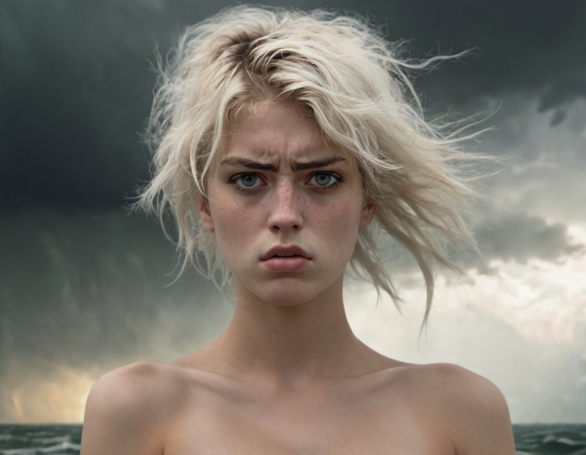 (stylized by J.M.W. Turner:1.3) , portrait,close up of a short Female Valet, highborn, in nude with Dupplin print, her hair is White, Stormy weather, soft focus, Detailed illustration, Fearful, Grunge Art, pixiv, octane engine