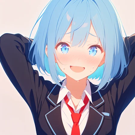 1girl,
solo, looking at viewer, school uniform, smile, parted bangs, collared shirt, wing collar, sweat, light blue hair, simple background, raised eyebrows, white shirt, blue eyes, black jacket, short hair, white background, blue hair, long sleeves, portrait, open mouth, :d, necktie, blazer, jacket, blush, dress shirt, nervous smile, shirt, loose necktie, red necktie, bob cut,
masterpiece, best quality, safe
<lora:mki-ani31-TMND-v2-000050:1> <lora:outline_xl_end:-3>