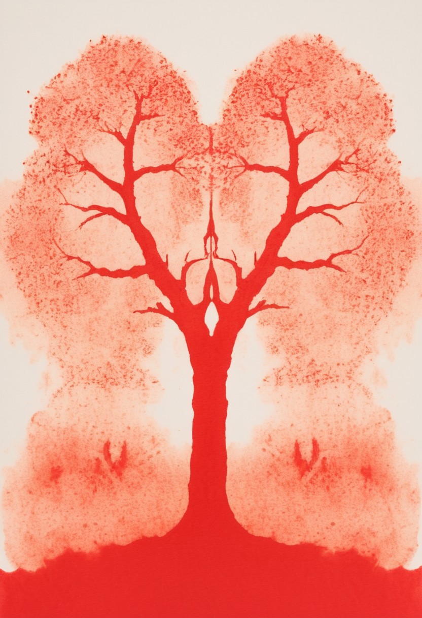 A rorschach-test resembling two trees, red translucent ink splashes