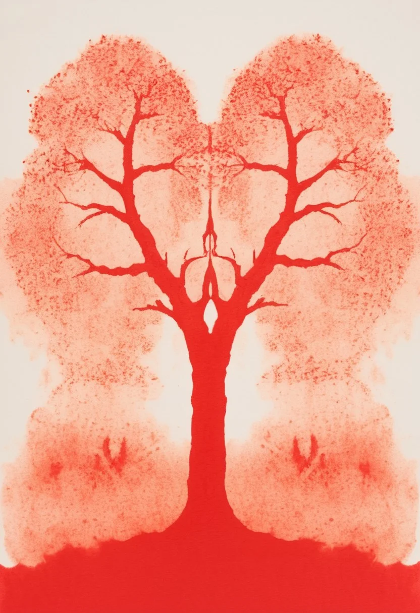 A rorschach-test resembling two trees, red translucent ink splashes