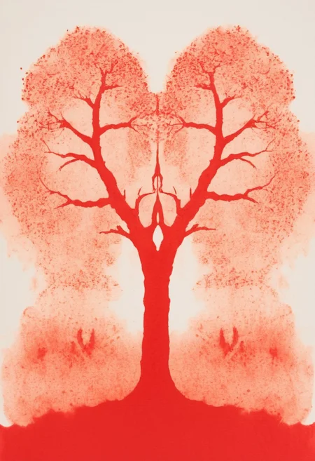 A rorschach-test resembling two trees, red translucent ink splashes