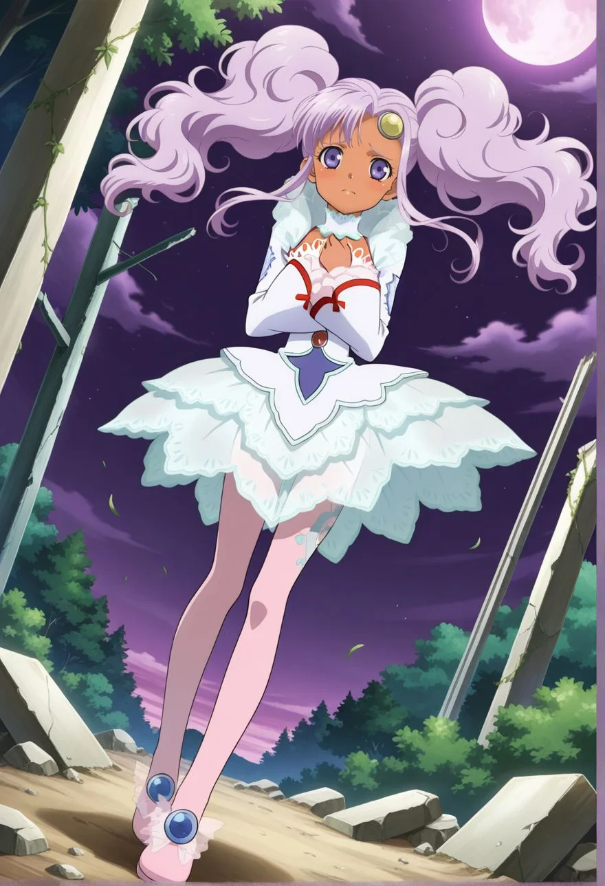 detailed eyes, beautiful, detailed background, perfect eyes,
source_anime, very aesthetic, anime coloring, masterpiece, official art,
<lora:HandFineTuning_XL:1>
BREAK,
ruins, forest, purple sky, floating hair,
worried, hand on chest,
full body, standing, dynamic angle,
BREAK,
<lora:meredy_illustriousXL_v02:0.9>
meredyceles, twintails, purple hair, wavy hair, purple eyes, dark skin, sidelocks, long hair,
white dress, long sleeves, lace collar, lace sleeves, lace dress, translucent skirt
pink pantyhose, pink footwear, pantyhose pattern,