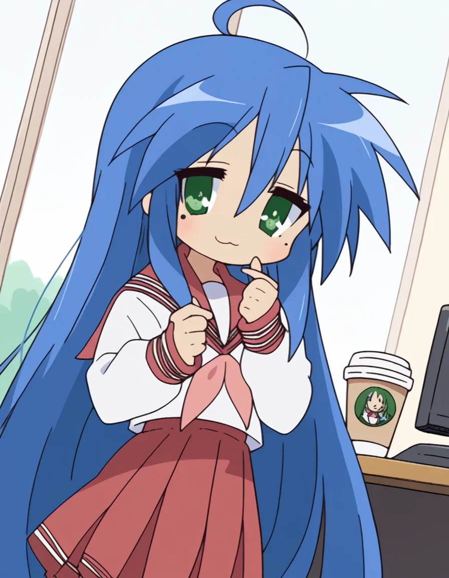 score_9, score_8_up, score_7_up, source_anime, <lora:konata-izumi-s1-ponyxl-lora-nochekaiser:1>, konata izumi, long hair, very long hair, green eyes, blue hair, ahoge, mole, mole under eye,, skirt, long sleeves, school uniform, pleated skirt, serafuku, sailor collar, neckerchief, red skirt, ryouou school uniform,, home office, working from home, computer screen, coffee cup, focus, deadline, , <lora:finger-heart-ponyxl-lora-nochekaiser:1>, finger heart, heart, blush, smile,, looking at viewer, solo,, dutch angle, cowboy shot