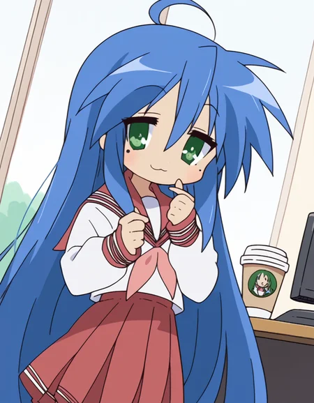 score_9, score_8_up, score_7_up, source_anime, <lora:konata-izumi-s1-ponyxl-lora-nochekaiser:1>, konata izumi, long hair, very long hair, green eyes, blue hair, ahoge, mole, mole under eye,, skirt, long sleeves, school uniform, pleated skirt, serafuku, sailor collar, neckerchief, red skirt, ryouou school uniform,, home office, working from home, computer screen, coffee cup, focus, deadline, , <lora:finger-heart-ponyxl-lora-nochekaiser:1>, finger heart, heart, blush, smile,, looking at viewer, solo,, dutch angle, cowboy shot