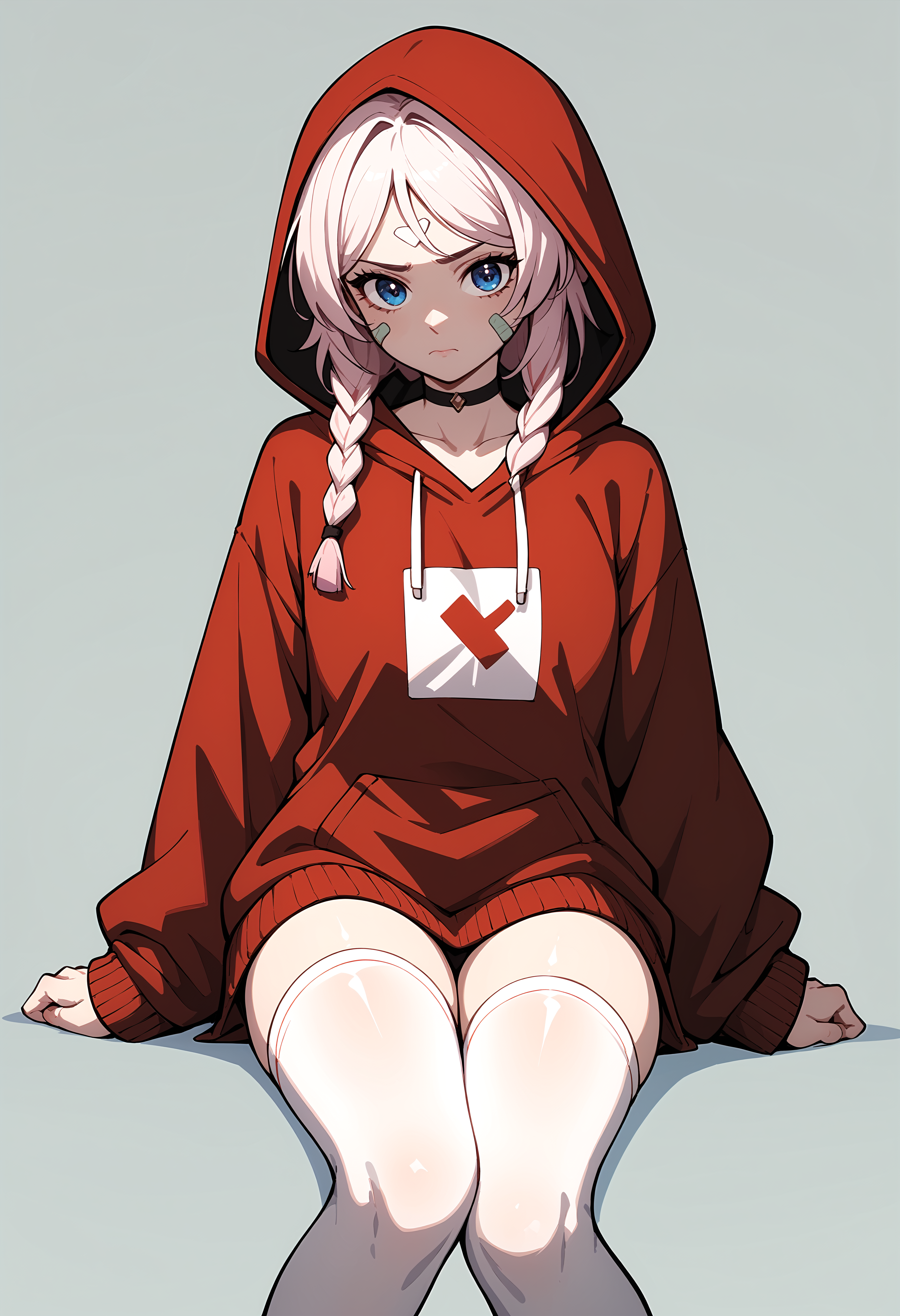 (score_9, score_8_up, score_7_up), 1girl, citlali, red hoodie, bandaid, white thighhighs, simple background, closed mouth, <lora:citlali-giPO-v1c:0.9>