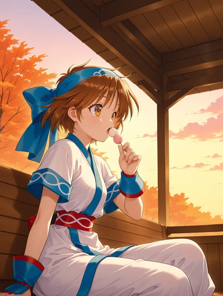 masterpiece,best quality,newest,1girl,solo,
<lora:rimururu_ilxl_v1.3:1>,n_rimu,short hair,brown hair,brown eyes,r_bow,blue hairband,r_clothes,white pants,
<lora:Fixhands_anime_bdsqlsz_V1:1>,dynamic_angle,cinematic_angle,darkness,dark cloud,feeding,dango,looking_up,looking ahead,Edo period,road,wooden couch,sitting,outdoor,in autumn,sky,japanese style,