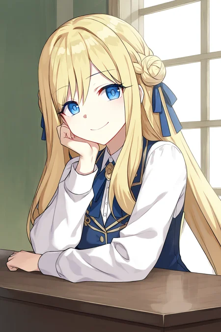 <lora:CURA IL:0.7>,Cheryl Wainwright,blonde hair,blue eyes,long hair,ribbon,hair ribbon,blue ribbon,braid,shirt,white shirt,hair bun,very long hair,hair between eyes,long sleeves,, 1girl,masterpiece,best quality,amazing quality,very aesthetic,absurdres,newest,8K,prefect face, uncensored,, looking at viewer,, smile,