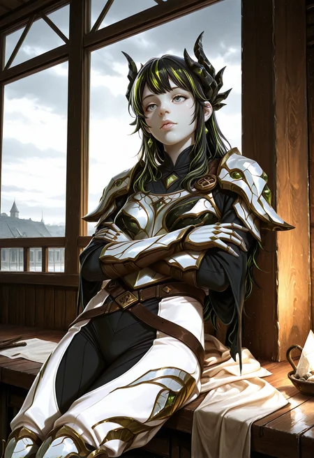very awa, lineart, realistic, photo_(medium), [sei shoujo], [yoshiten], style parody, [bang dream!], [arcane: league of legends], [league of legends], (dynamic angle:1.3), (cowboy shot:1.2) BREAK 1girl, solo, <lora:GenasiEarth:0.8> GenasiEarth, marble skin, <lora:SoulGemmed:0.7> gem, pale green gems inclusions, (dark black gems hair:1.2), (crystal hair:1.2), grey eyes, (light grey skin:1.2), buff body, narrow hips, short torso,, , perfect hands, matte lips, (mischievous), peeking,eyes open BREAK ranger, wearing ribbed (detailed dark green_yellow leather armor cuirass, long jumpsuit), flowing sleeves, greaves, belt, BREAK medieval, fantasy, indoors, comfortable tavern, (khaki_green painted walls), wood floors, traditional furniture, shelves,tables, reclining, sitting, indian style , crossed arms, on table, spring_(season), evening, warm soft light, long shadows, grey sky, overcast, cloudy sky, wind,, dynamic lighting BREAK <lora:Expression_Detailer_Illustrious_Lora:0.7> <lora:BV_Style_Illu_Edition:0.8> BV-Illu