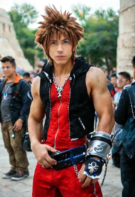 ((masterpiece)), ((best quality)), ((ultra-detailed)), ((absurdres)), score_9_up, score_8_up, score_7_up,
HD, top quality, best quality, amazing quality, High-quality illustrations, best aesthetic, perfect proportions, perfect eyes, 1boy, 1male, solo boy, solo male, male focus, solo male focus, real, photorealistic, extreme realistic, real human, human boy, human male, real boy, handsome, attractive, cute, charming, sexy, hot, ((tall, tall body, tall height)), ((lean body, slim body)), ((posing for camera)), ((front view, front shot, facing front, looking at viewer)), ((public place, anime convention, cosplay convention, public event)), ((surrounded by multiple people, many audience, many visitors)), ((center of attention, many people looking)), easynegative, updn, neghands, Male Cosplayer, cosplay costume, cosplay wig, colored contact lenses, ((kingdom hearts, sora, sora from kingdom hearts)), brown hair, spiked hair, blue colored contacts eyes, hood, zipper, fingerless gloves, chain, sleeveless