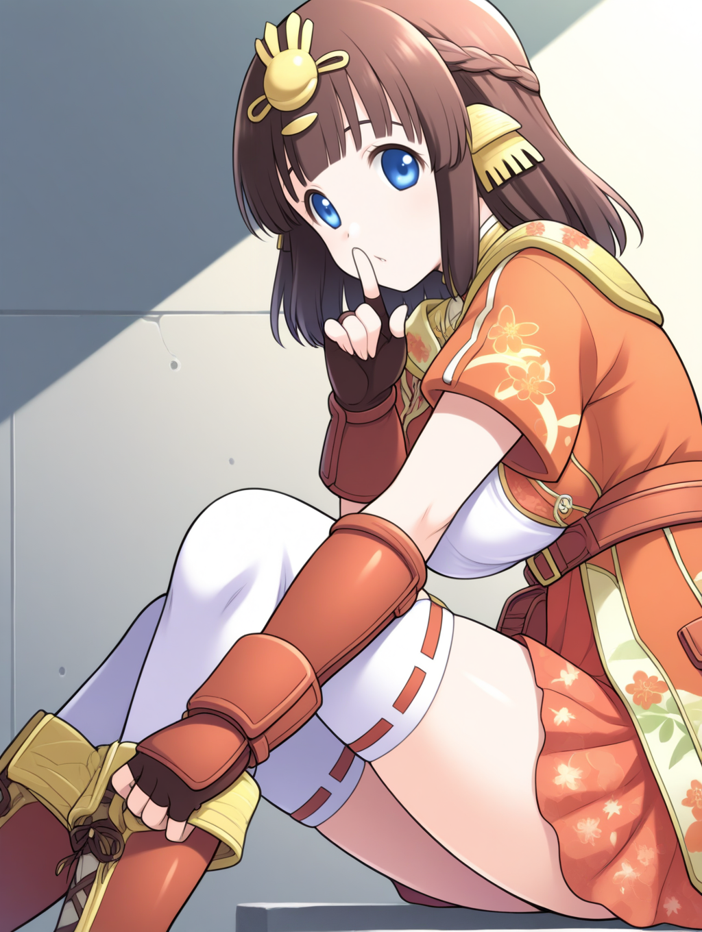 perfect quality,best quality,absolutely eye-catching,ambient occlusion,raytracing BREAK
1girl,<lora:miki hinamaturi IL v1.1:0.8>,hinamaturi,brown hair,medium hair,hair ornament,blue eyes,dress,short dress,fingerless gloves,thighhighs,boots,solo,, from side, looking at viewer,close-up,on stomach,adjusting_thighhigh,shushing,sitting,