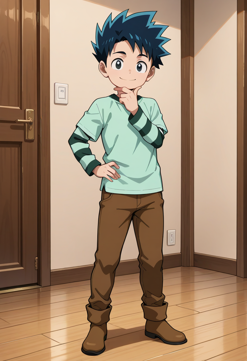 masterpiece,best quality,amazing quality,<lora:geo:1>,geo,1boy,male focus,solo,smile,shirt,hand on own hip,looking at viewer,standing,full body,pants,long sleeves,t-shirt,indoors,layered sleeves,short over long sleeves,wooden floor,hand on own chin,brown footwear,brown pants,green shirt,