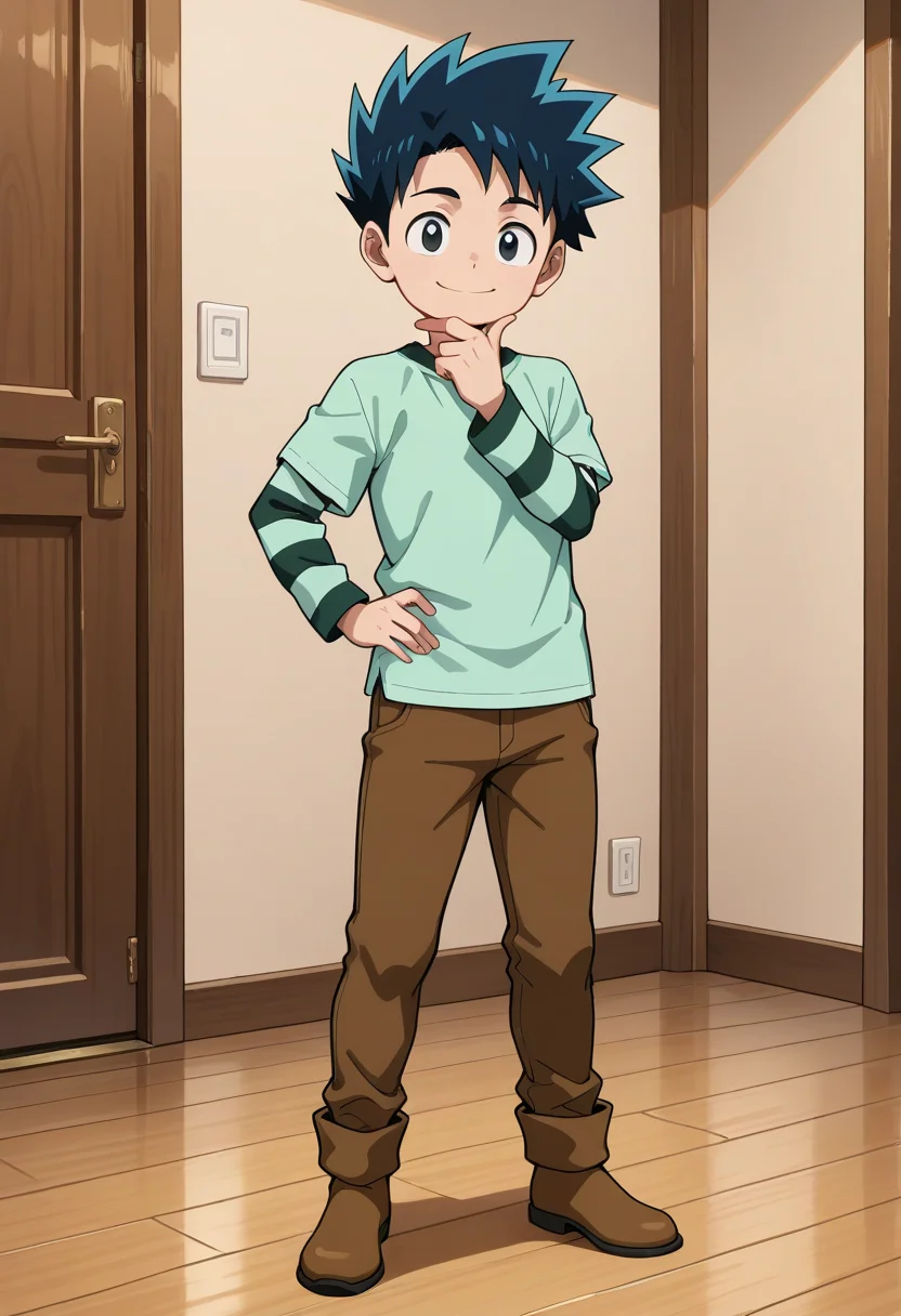 masterpiece,best quality,amazing quality,<lora:geo:1>,geo,1boy,male focus,solo,smile,shirt,hand on own hip,looking at viewer,standing,full body,pants,long sleeves,t-shirt,indoors,layered sleeves,short over long sleeves,wooden floor,hand on own chin,brown footwear,brown pants,green shirt,