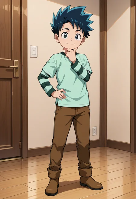 masterpiece,best quality,amazing quality,<lora:geo:1>,geo,1boy,male focus,solo,smile,shirt,hand on own hip,looking at viewer,standing,full body,pants,long sleeves,t-shirt,indoors,layered sleeves,short over long sleeves,wooden floor,hand on own chin,brown footwear,brown pants,green shirt,
