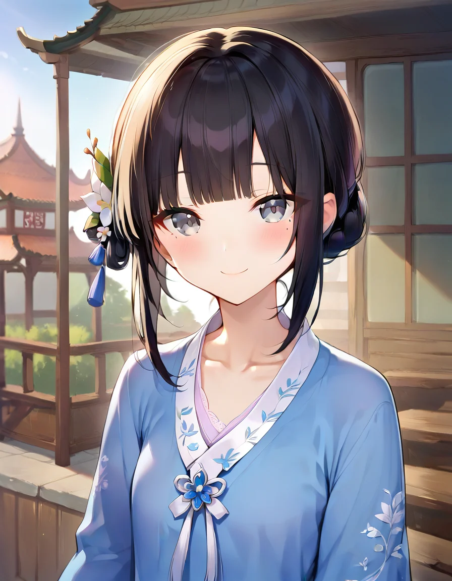 score_9,score_8_up,score_7_up,score_6_up BREAK official art,solo,outdoors,upper body,(portrait:1.5),looking at viewer,facing viewer,smile,blush,Mansui,long hair,single hair bun,black hair,hair ornament,hair flower,white flower,mole under eye,sidelocks,blunt bangs,grey eyes,collarbone,chinese clothes,hanfu,blue dress,long sleeves,wide sleeves,long dress,shoe dangle,<lora:Mansui(rthltlmd)-Pony:1.3>,<lora:Smooth Anime Style LoRA XL:0.8>,