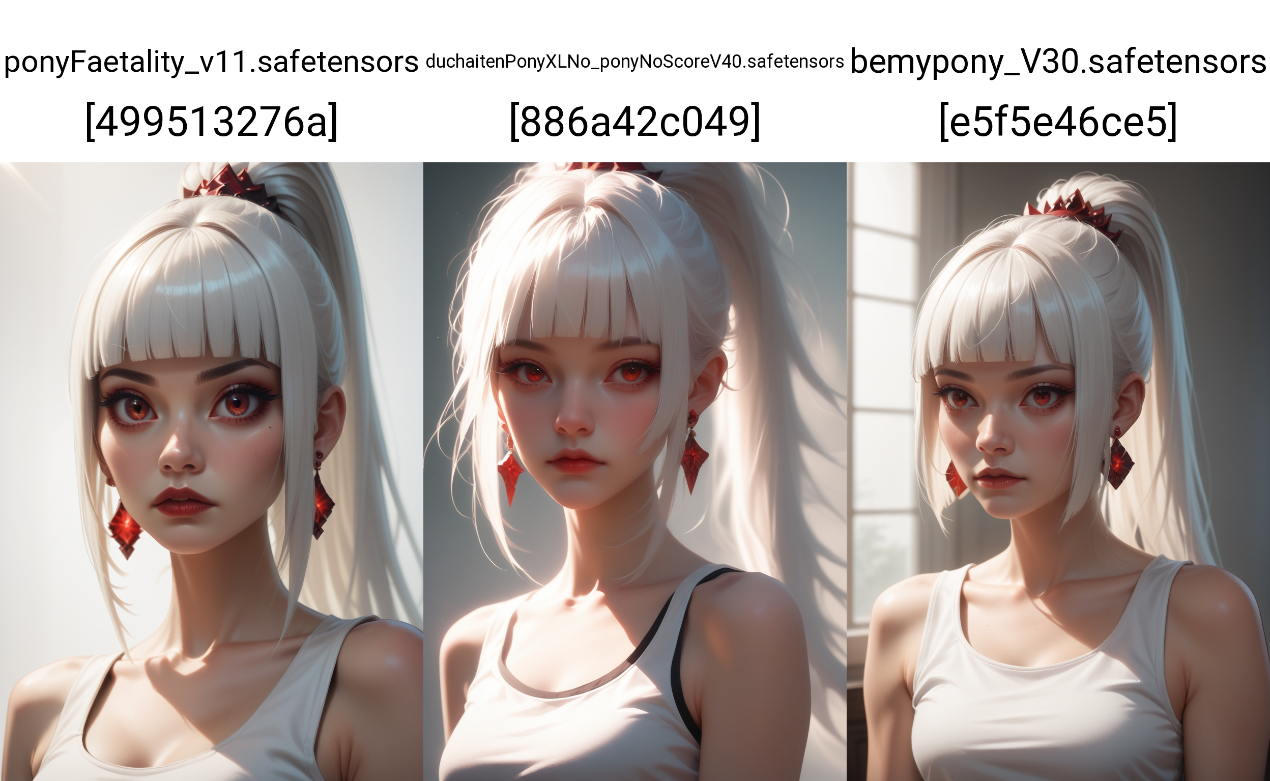 score_9, score_8_up, score_7_up, rating_safe,
1girl, solo, white tank top, ruby earrings,
<lora:Dark_Sayuki_Pony_v0.1:0.5> d4rks4yuk1, white hair, hime cut, ponytail,