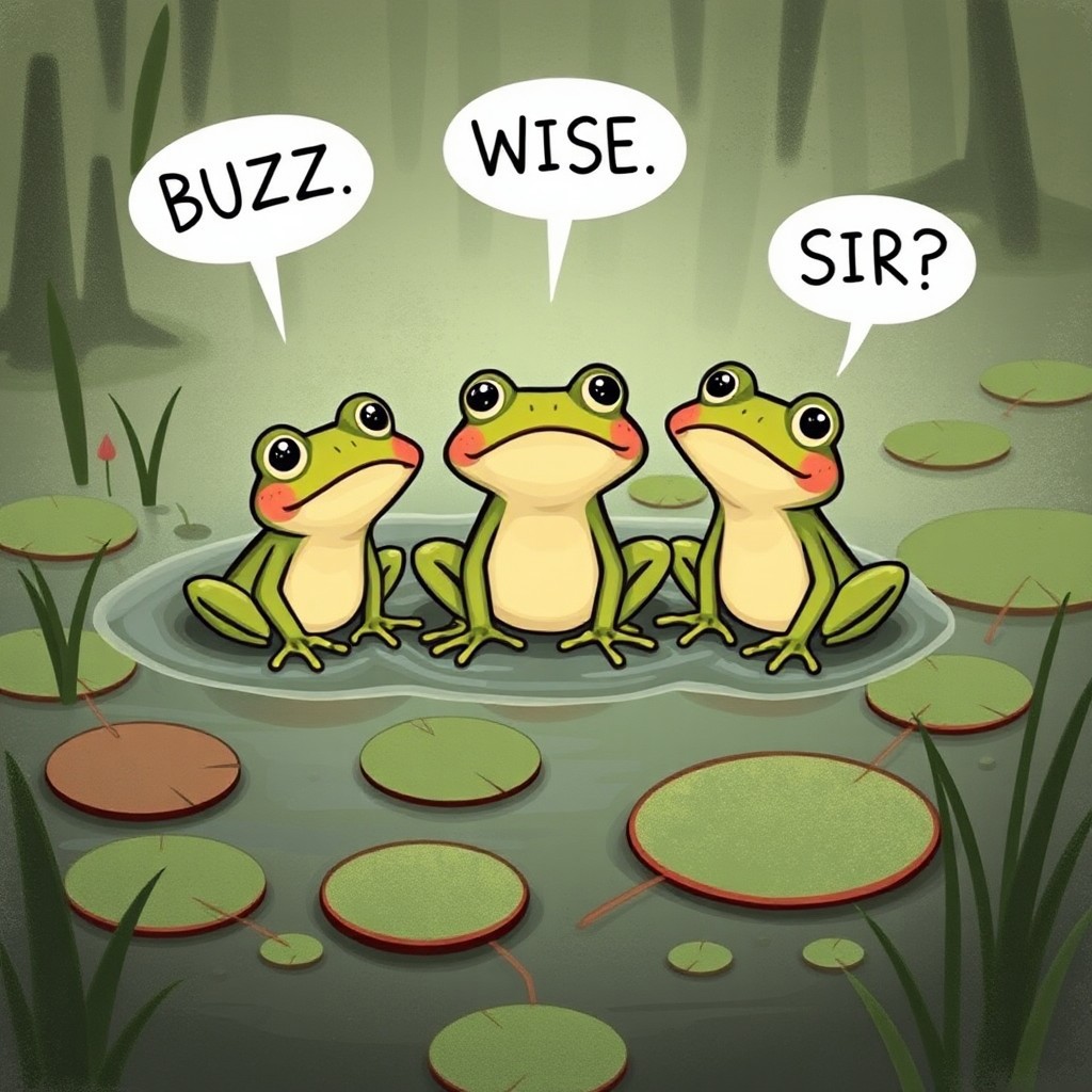 Three frogs, keroppi, swamp, lily pads, speech bubbles "BUZZ" "WISE" "SIR?"