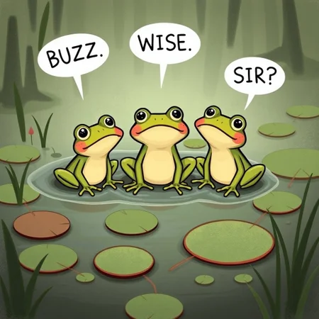 Three frogs, keroppi, swamp, lily pads, speech bubbles "BUZZ" "WISE" "SIR?"
