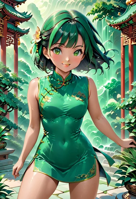 score_9, score_8_up, score_7_up, score_6_up, 1girl, petite body, 19yo beatifull, chinese girl, wearing green Cheongsam , fighting stance, cute , shy, smile, background: chinese temple made out of jade, detailed background, refreshing, dynamic lighting, dramatic and magical,