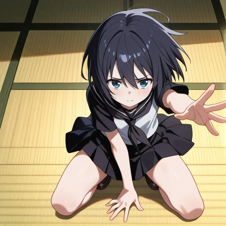 <lora:IL_Yamoto_Koki:1>,nin_sly_k,1girl,solo,Yamoto Koki,short hair,black hair,blue eyes,
legs apart,squatting,floating skirt,disheveled hair,floating hair,serafuku,
tatami,wariza,reaching towards viewer,furrowed brow,, masterpiece,best quality,amazing quality,very aesthetic,absurdres,