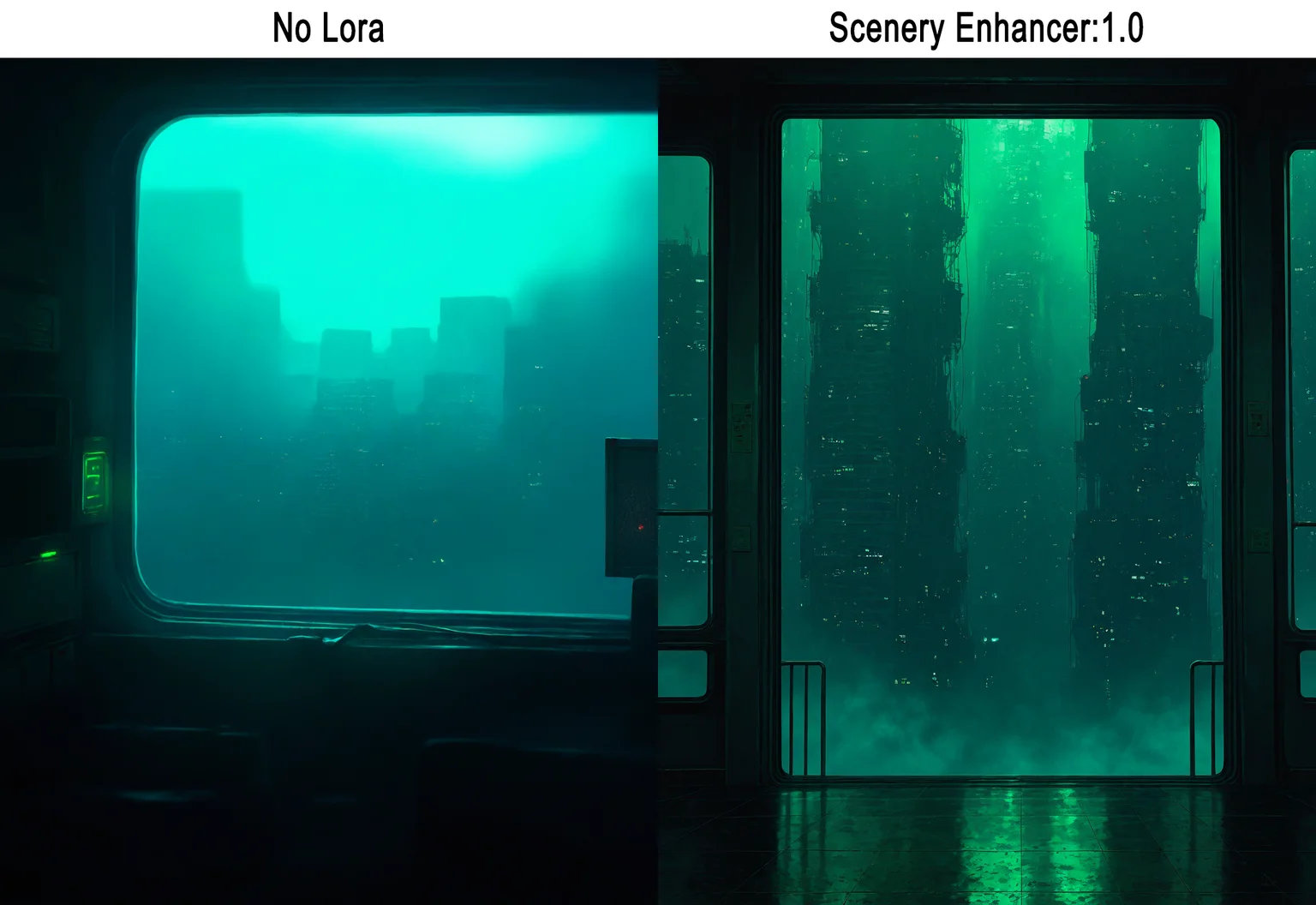 artist:, masterpiece, best quality, newest, very awa, absurdres, highres, scnr, indoors, futuristic apartment, window, green lights, fog, detailed