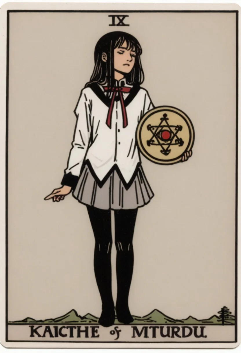 score_9, score_8_up, score_7_up,
muted colors, high contrast, whimsical, detailed, high-definition, intricate details,
solo, 1girl, full body,
Homura Akemi, short skirt, black tights, shield, white shirt, gray skirt,
magical girl,
(magic:0.8), (occult:0.8), (symbolism:0.8), (mystic:0.8), (occultism:0.8),
tarot, "sayaka"