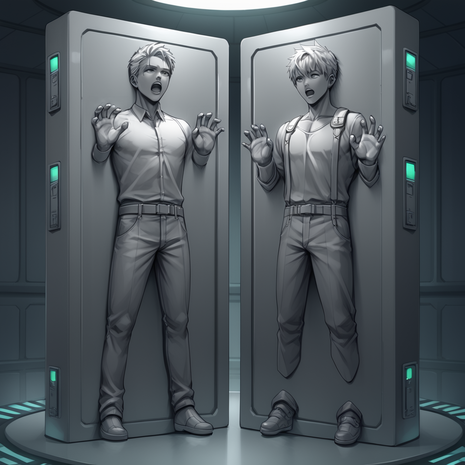 score_9,score_8_up,score_7_up,source_anime,carbon freeze,2boys,multiple_boys,open mouth,male focus,indoors,restrained,science fiction,cyberpunk,machine,machine smooth,calves stuck,feet stuck,controller,solid eyes,arms stuck,hands up,open hands,<lora:Carbonite_V1-1_pony-000010:1>,carbon freeze chamber,shirt,pants,grey skin,grey theme,
