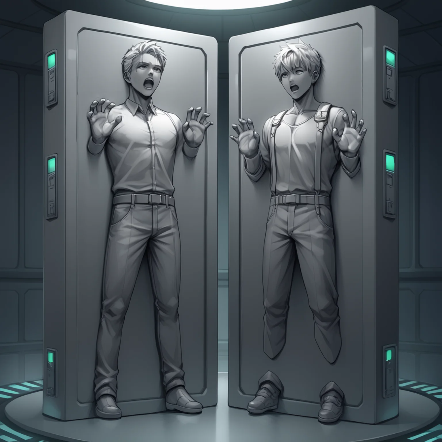 score_9,score_8_up,score_7_up,source_anime,carbon freeze,2boys,multiple_boys,open mouth,male focus,indoors,restrained,science fiction,cyberpunk,machine,machine smooth,calves stuck,feet stuck,controller,solid eyes,arms stuck,hands up,open hands,<lora:Carbonite_V1-1_pony-000010:1>,carbon freeze chamber,shirt,pants,grey skin,grey theme,