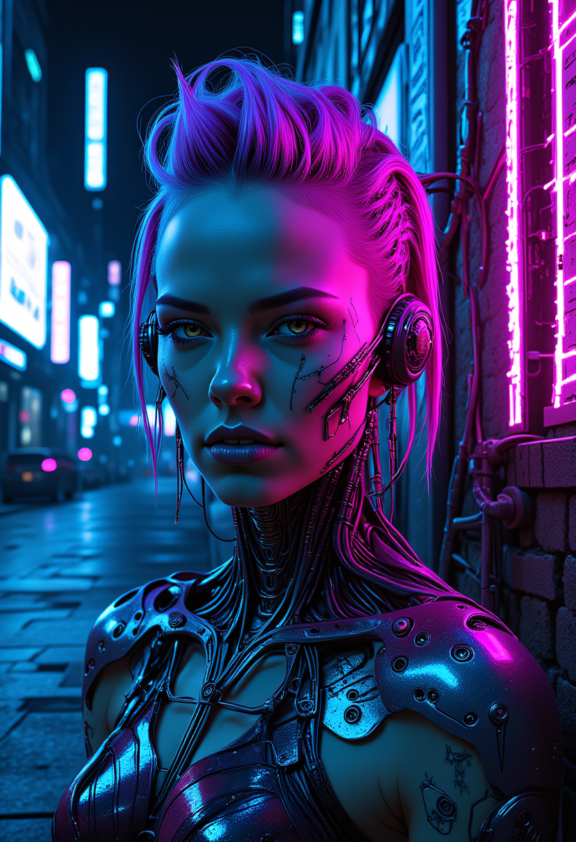 avant_gardepunk style, beautiful augmented woman, realistic skin, looking at viewer, science fiction street at night, looking at the viewer from the side, neon augments / implants, neon gradient hair, shaved side, detailed eyes,. style of  H.R. Giger , <lora:fluxAugments_epoch_2>  . cutting-edge fusion of art, music, fashion, and technology, blending bold, colorful patterns, distorted proportions, abstract shapes, and augmented mechanical enhancements, featuring punk-inspired hairstyles, makeup, and accessories, and an atmosphere of creativity and rebellion