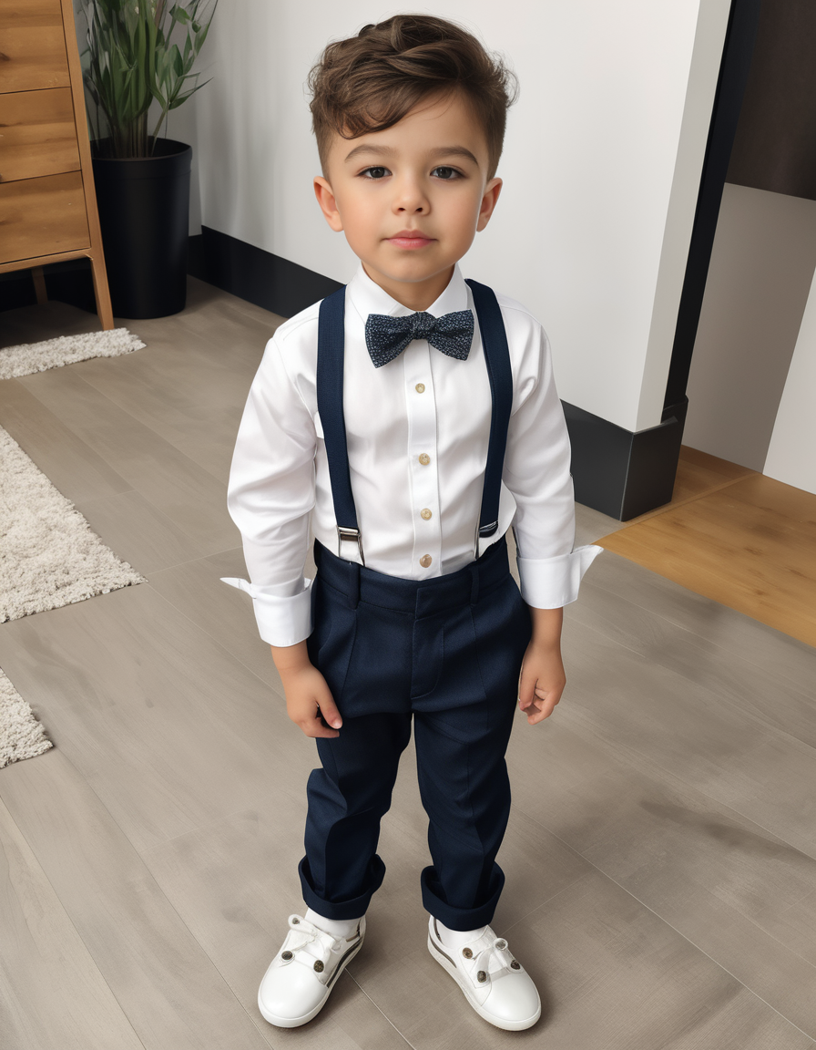 A cute boy wearing dressy pants with a matching shirt, comfortable but stylish shoes, with bow ties for the boys, realistic photo, <lora:add-detail-xl:1>