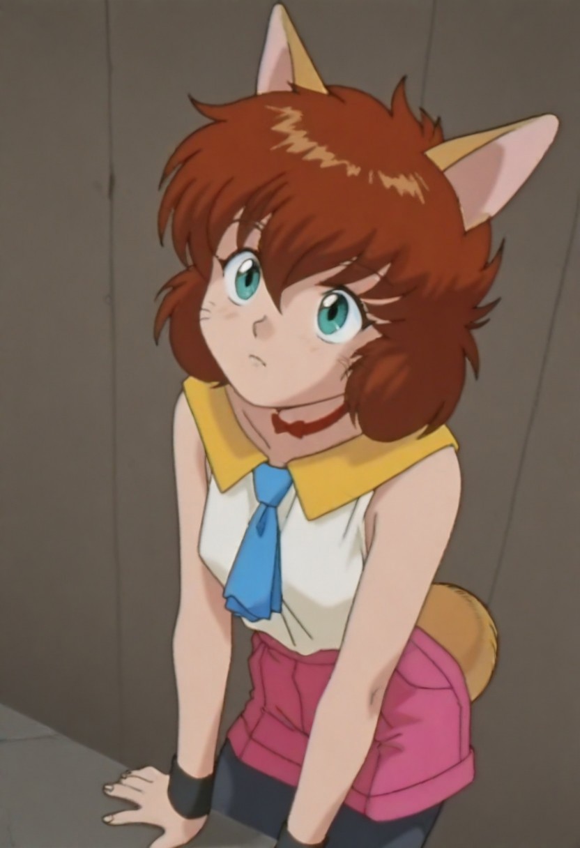 masterpiece, best quality, amazing quality,,, shiny skin,,,,,,,,<lora:koto_ilxl_v1.0:1>,koto,brown hair,green eyes,whiskers,fang out, k_clothes,yellow collar,red ribbon choker,white sleeveless shirt,blue necktie,pink shorts,fox tail,black_pantyhose,k_m,