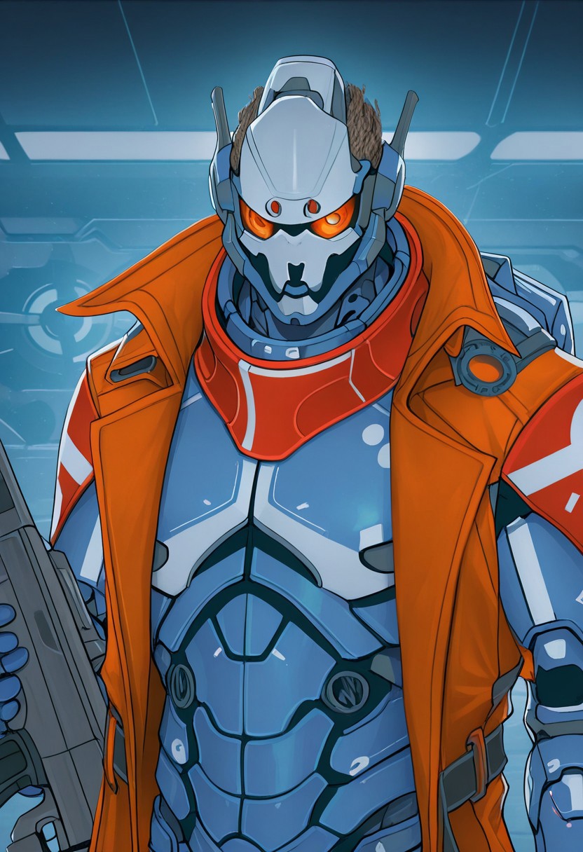 masterpiece, best quality, amazing quality,  Smooth Quality, hard lighting, close up, upper body, red tabard, 
detailed Background, short hairs, trenchcoat
1boy, auburn hairs, short hairs, Panoceania, wearing light armor, challenging viewer, indoor, blue armor, sci-fi, holding rifle, from side