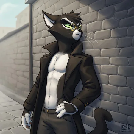 Mordecai[lackadaisy], mordecai heller[lackadaisy], tuxido cat, feline, black body, black fur, green eyes, white eyebrows, gold glasses, glasses, black fur, black body, white markings, white belly, (white markings:1.5). (male anthro cat:1.3), (gold glasses, glasses:1.4),
Solo, alone, by himself, 1boy, male.
clothing, clothed, dressed, white shirt, shirt, white shirt, mid waisted slacks, grey mid waisted slacks, mid waisted dress pants, grey mid waisted dress pants, black coat, long black coat, 1920s coat, 1920s black coat.
thin, skinny body, skinny, thin body, twink, twink body, twunk body, skinny, (muscle:1.47), (skinny body:1.5), (black body:1.1).
HD, digital painting, digital art, masterpiece.
standing up, standing,  standing on tiled floor.
closed mouth, annoyed emotion.
outside, town, 1920s, wall, {outside:1.4}.
HD, digital painting, digital art, masterpiece ((fullbody portrait)), digital drawing (artwork), digital media (artwork), hi res, (furry art, uploaded on e621:1.1), best quality, highly detailed, intricate details, extremely detailed, perfect hands, negative_hand, The_Secret_Cave[STYLE], TSC[Style], TheSecretCave[STYLE], furry, furryart, detailed, very detailed.