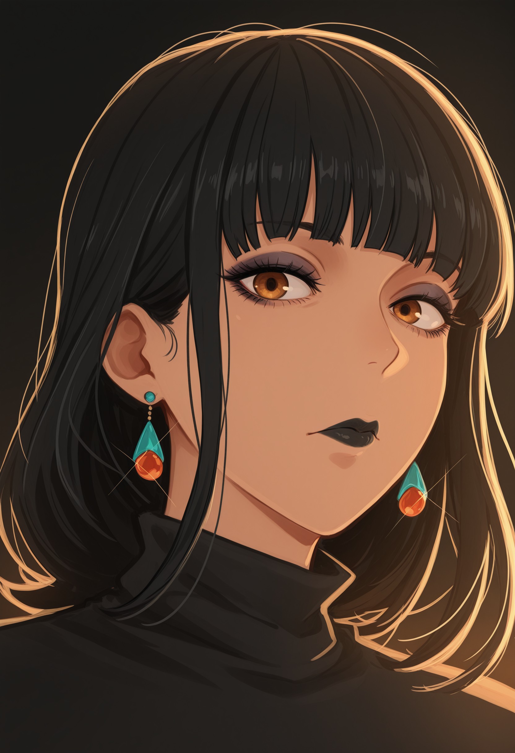 mature female, 1girl, solo, black hair, black lips, bangs, jewelry, earrings, looking at viewer, makeup, blunt bangs, closed mouth, black background, portrait, lipstick, turtleneck, medium hair, simple background, long hair, high detail, depth of field, (blurred background), (dramatic lighting), 8k, detailed background, ambient lighting, global illumination, cutscene, masterpiece, best quality, ultra-detailed, amazing quality, very aesthetic, incredibly absurdres, highres, newest, latest, khly2, <lora:cabe3100-c5ea-457b-a462-163ce9dc1d35:1.0>