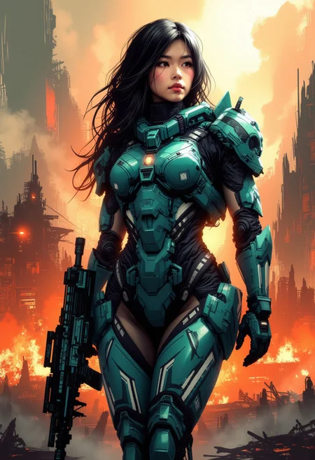 inksketch, A digital painting in the style of ck-js,  portrait of a stunning chinese female sci-fi soldier, teal power armor, assault weapon, standing in front of burning alien settlement