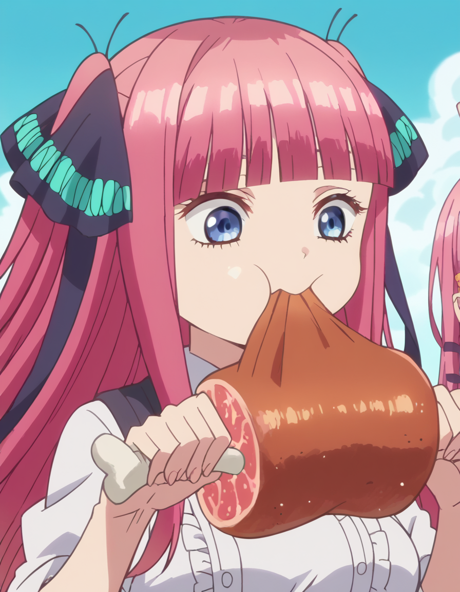 score_9, score_8_up, score_7_up, source_anime, <lora:nino-nakano-s1-ponyxl-lora-nochekaiser:1>, nino nakano, long hair, bangs, blue eyes, hair ornament, hair ribbon, pink hair, blunt bangs, two side up, butterfly hair ornament, large breasts, anime screencap, <lora:boned-meat-ponyxl-lora-nochekaiser:1>, boned meat, holding, food, eating, holding food,, ,