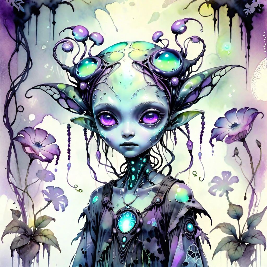 cheyenne, animist, dpmpp2msde karras, alien female, Delicate, detailed botanical growths, Ink-wash meets digital glow, Softly blurred ink splash reflections, Shadowed corners with glowing accents, Muted Pastel Grunge alien_wanderer, <lora:artfully_YOUNGALIEN_SDXL:0.8>,