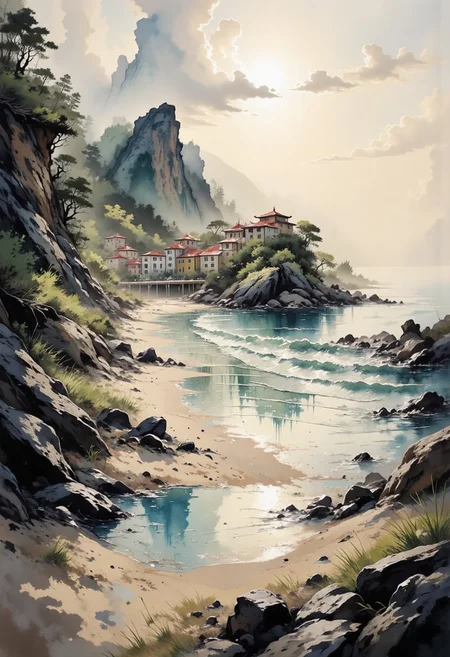 A dinkfsn style ink wash painting. Rich watercolor with metallic highlights. Seen from a low perspective across reflective tide pools on a long rocky beach with tiered cliffs rising high. A colorful seaside town sits built on different tiers of the the cliffs. Fleeting sunlight breaking through moving clouds. Rippled sand mingle in mirrored brushstrokes of steel blue, copper pink, and misty beige. Tide pools and rocks populate the foreground. High-key tonal range lend vibrancy and a sense of pilgrimage to this windswept, reverent seascape, painted with a muted triadic palette that balances sea cools with earthy warmth.