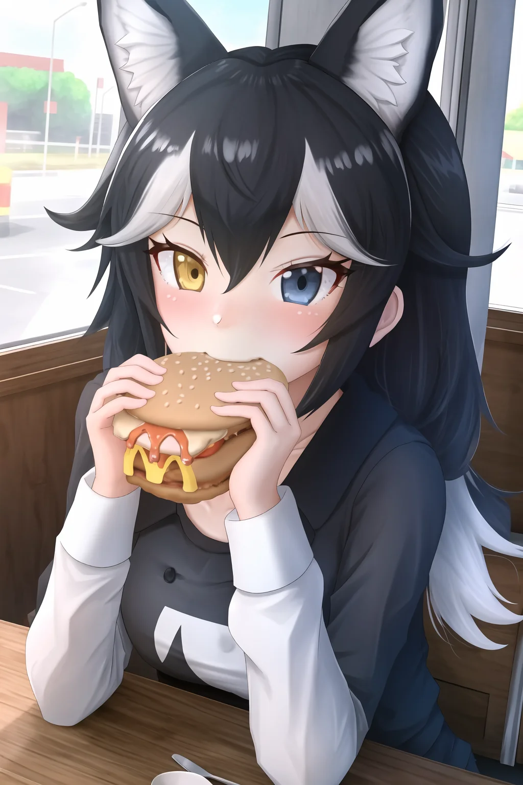 1girl, dark hair, heterochromia, kemono friends, eating, mcdonalds, hamburger, desk, animal ears, wolf tail, blue eye, yellow eye, red t-shirt, puffed cheeks