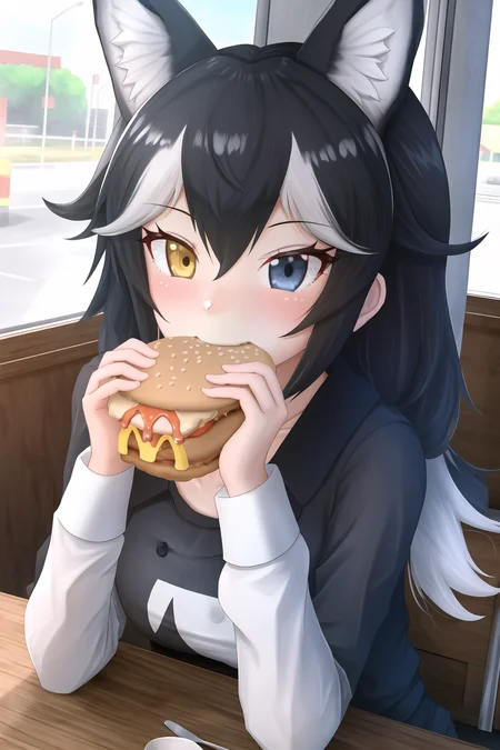 1girl, dark hair, heterochromia, kemono friends, eating, mcdonalds, hamburger, desk, animal ears, wolf tail, blue eye, yellow eye, red t-shirt, puffed cheeks