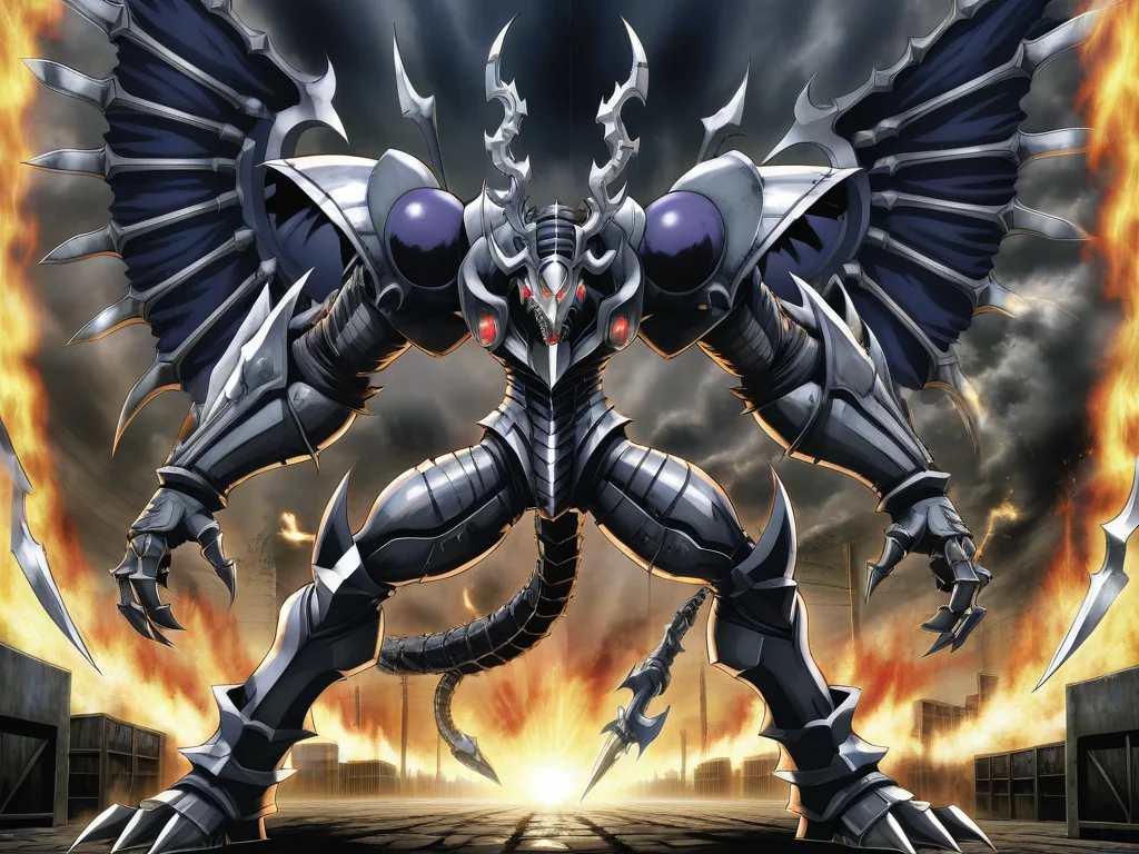 1boy,solo,dorugoramon,fighting stance,full body,dynamic shot,industrial,factory,wings,horns,tail,anime,2d,scene from berserk, <lora:DORUgoramonXL:0.75>