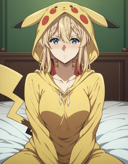 score_9, score_8_up, score_7_up, source_anime, <lora:violet-evergarden-s1-ponyxl-lora-nochekaiser:1>, violet evergarden, blonde hair, blue eyes, hair ribbon, ribbon, short hair, braids, hair braids, red ribbon, mature female, medium breasts,, <lora:pikachu-cosplay-ponyxl-lora-nochekaiser:1>, pikachucosplay, pikachu (pikachu), character print, hood, hoodie, yellow hoodie,, bed, bed room, , blush, wariza, sitting, , dutch angle, cowboy shot