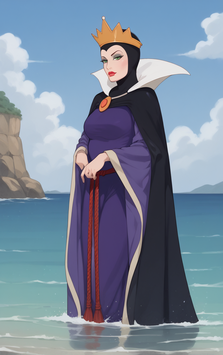 score_9, score_8_up, score_7_up, looking at viewer,  BREAK
Dress_QueenGrimhilde_ownwaifu,
1girl, crown,  makeup, lipstick, red lips,  green eyes,  eyeshadow, breasts,
red rope, rope belt, cape, dress, long sleeves, brooch, gem, robe, wide sleeves, purple dress, purple cape,  jewelry, high collar, silk,
(wading, beach), head tilt, sidelighting, ocean, sky, water, caustics, cowboy shot, <lora:PONYXL_SnowWhite_QueenGrimhilde_ownwaifu:0.9> , depth of field, solo,