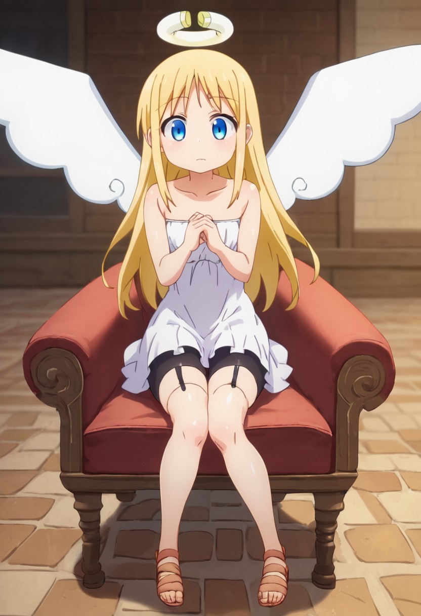 crimvael \(interspecies reviewers\),, blue eyes,blonde hair,long hair,angel,halo,wings,white dress,strapless,bare shoulders,bike shorts,sandals , thighhighs, indoors , sitting on chair,  score_9, score_8_up, score_7_up, ,source_anime, best quality, masterpiece,   , full body view ,   garter straps, collarbone ,  1girl , solo , girl focus ,