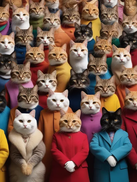 A parallel world where only cats evolved, crowd of cats wearing various clothings, hyper details, rich colors, photograph