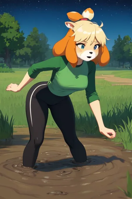 isabelle \(animal crossing\), (masterpiece, best quality:1.15), 1girl, solo, large breasts, high cheekbones, thick eyebrows, small mouth, looking to the side, leaning forward, adjusting clothes, tight leggings, green crop top shirt, starry nights, long hair, twin short braids, scared, partially submerged, struggling, farmland bog, quicksand